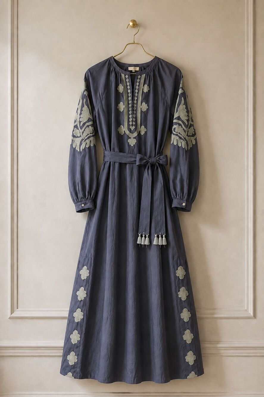 NWOT ExVoto Embroidered Blue Cotton Maxi Dress with Tassel Tie Belt